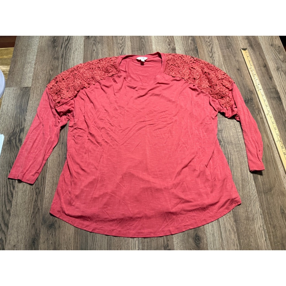 Terra & Sky Shirts Women Size 1X Red Blouse Crochet Lace Shoulder Slub Knit